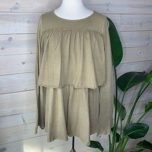 SOLD! Tan Acid Washed Top with Wide Long Sleeves and Ruffle Detailing